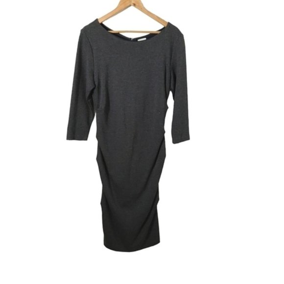 𝅺Nicole Miller Gray Ruched Midi Dress Women's Size Large - Picture 1 of 9